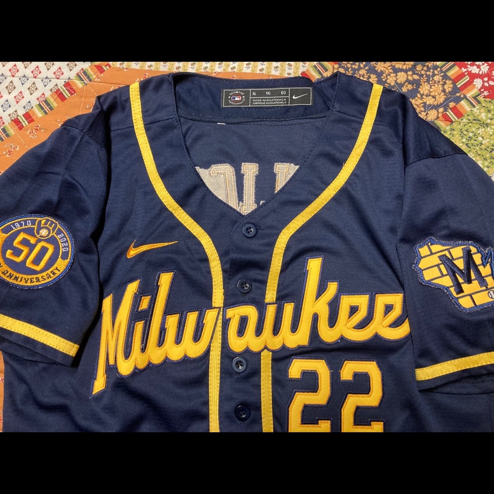 Christian Yelich # 22 navy blue Nike away jersey